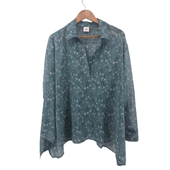 CAbi Tops - Cabi Blouse Womens Medium Teal Blue Floral 3761 V-Neck Sharkbite Hem Sheer Top